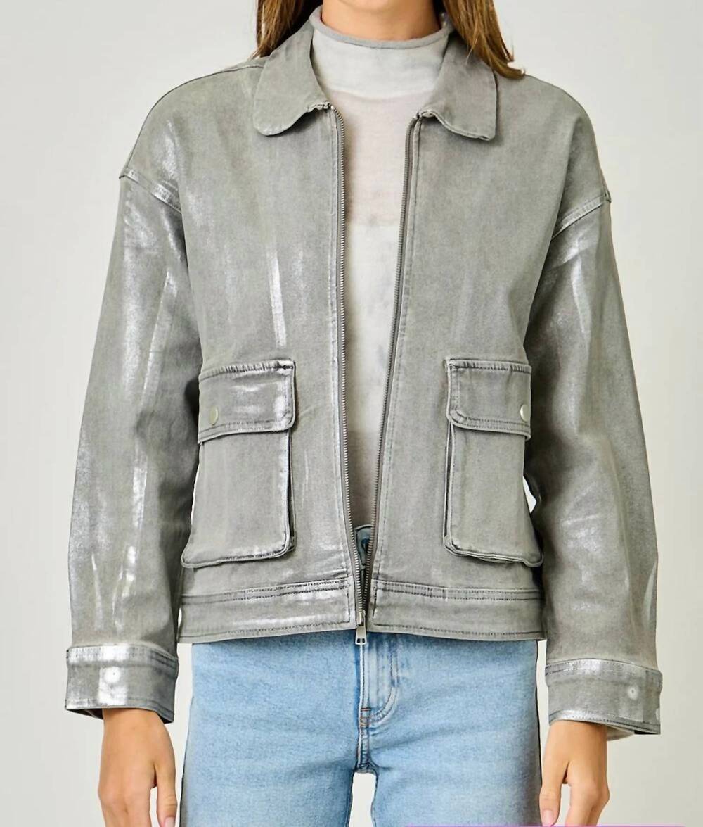 NEW MYSTREE metallic washed denim shimmer zip-up denim jacket in gray